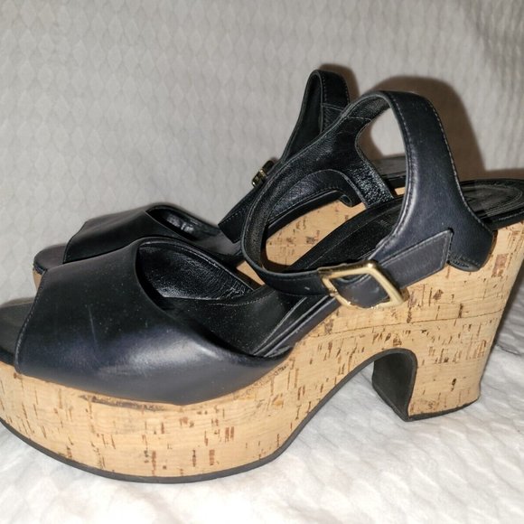 Authentic Fendi Black Leather Ankle Strap Cork Wedge Platform Heels Size 38/US 8 - Picture 3 of 16